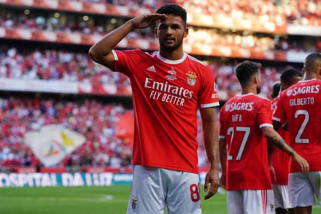 Goncalo Ramos of SL Benfica celebrates after scoring a goal during the Eusebio Cup match between SL Benfica and Newcastle United at Estadio da Luz on July 26, 2022 in Lisbon, Portugal.  (Photo by Gualter Fatia/Getty Images)