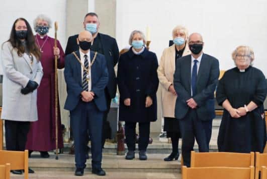 From left: Deputy mayoress Cllr Lynn Blair, Rt Revd Sarah Clark, Bishop of Jarrow, deputy, mayor Cllr Joe Amar, the Venerable Bob Cooper, Archdeacon of Sunderland, Cllr Moira Smith, Jacki Dunn lay pastoral minister, Paul Baldasera from South Tyneside Council and Revd Lesley Jones.