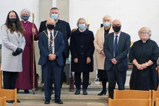 From left: Deputy mayoress Cllr Lynn Blair, Rt Revd Sarah Clark, Bishop of Jarrow, deputy, mayor Cllr Joe Amar, the Venerable Bob Cooper, Archdeacon of Sunderland, Cllr Moira Smith, Jacki Dunn lay pastoral minister, Paul Baldasera from South Tyneside Council and Revd Lesley Jones.