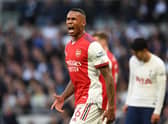 Gabriel of Arsenal during the Premier League match between Tottenham Hotspur and Arsenal at Tottenham Hotspur Stadium on May 12, 2022 in London, England. (Photo by Stuart MacFarlane/Arsenal FC via Getty Images)