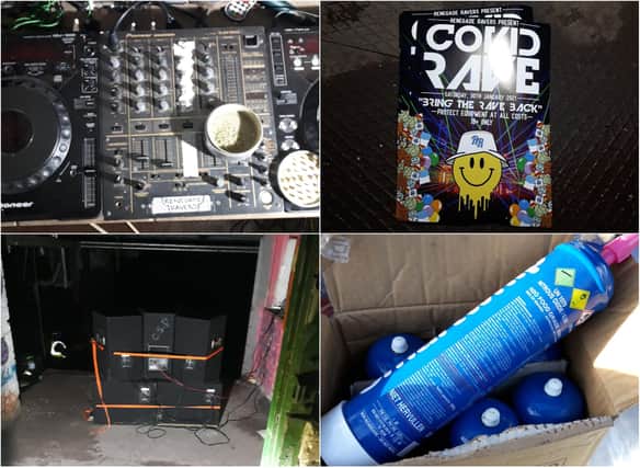 Police seized musical equipment, nitrous oxide and suspected Class A drugs after shutting down the 'Covid Rave'.