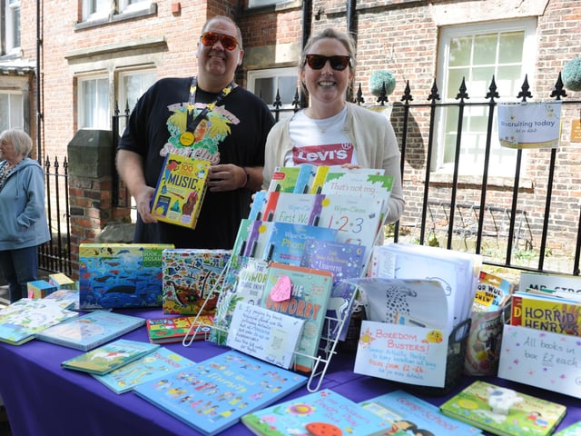Wayne Groves and Victoria Cowx manning the book stall.