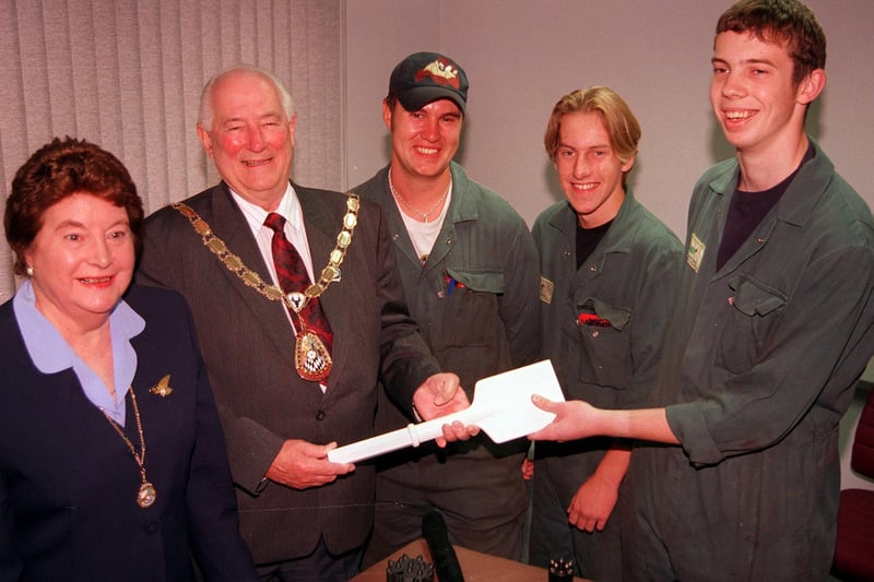 The Mayor and Masyoress of Dronfield  Councillor Brian Cooper and Mrs Barbara Cooper pictured chatting to Padley and Venables Apprentices Michael  Bailey, Steve Harper and  Dave  Sanderson  who were going on an exchange visit  to Holland in 1998