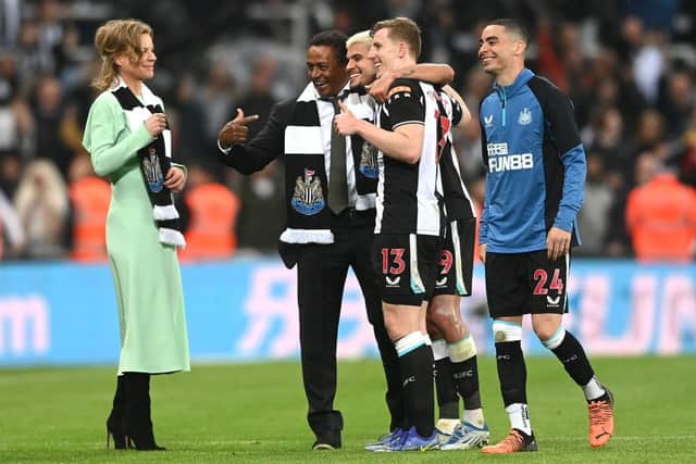 Newcastle  director Majed Al Sorour pictured with players Bruno Guimaraes Miguel Almiron and Matt Targett after the Premier League match between Newcastle United and Arsenal at St. James Park on May 16, 2022 in Newcastle upon Tyne, England. (Photo by Stu Forster/Getty Images)