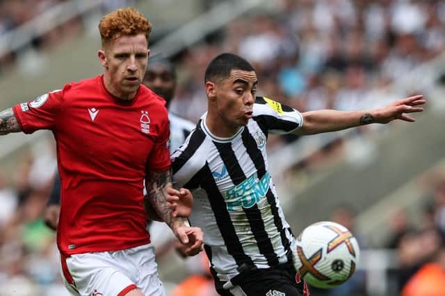 Nottingham Forest's Jack Colback challenges Newcastle United's Miguel Almiron.