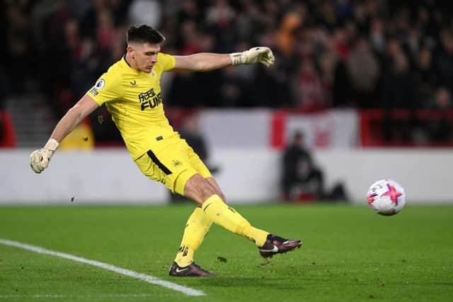 Nick Pope of Newcastle United takes a goal kick during the Premier League match between Nottingham Forest and Newcastle United at City Ground on March 17, 2023 in Nottingham, England. (Photo by Laurence Griffiths/Getty Images)