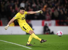 Nick Pope of Newcastle United takes a goal kick during the Premier League match between Nottingham Forest and Newcastle United at City Ground on March 17, 2023 in Nottingham, England. (Photo by Laurence Griffiths/Getty Images)