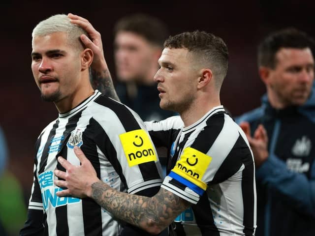 Bruno Guimaraes of Newcastle United is consoled by teammate Kieran Trippier following the Carabao Cup Final match between Manchester United and Newcastle United at Wembley Stadium on February 26, 2023 in London, England. (Photo by Eddie Keogh/Getty Images)