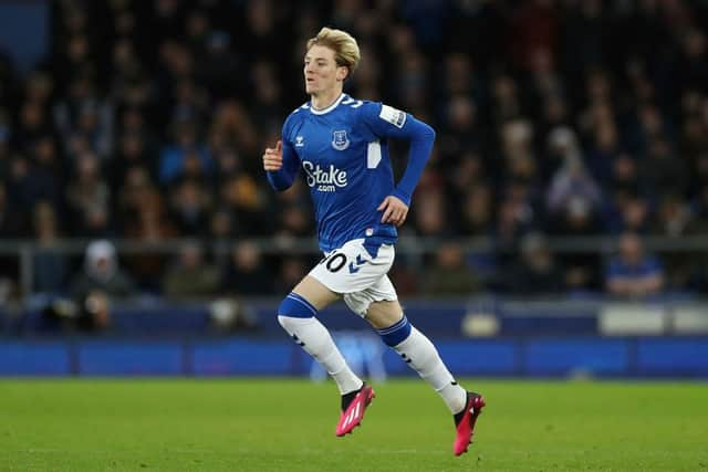 Anthony Gordon of Everton looks on during the Premier League match between Everton FC and Southampton FC at Goodison Park on January 14, 2023 in Liverpool, England. (Photo by Lewis Storey/Getty Images)