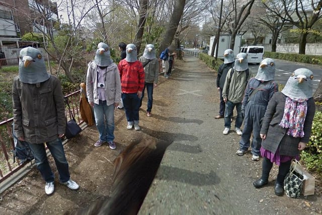 This is the work of a group of Japanese students, who all donned the same rubber pigeon mask to make this, slightly creepy, Google Maps moment. The photo was taken on a sidewalk along the Tamagawa-josui.