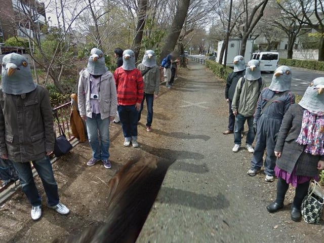 This is the work of a group of Japanese students, who all donned the same rubber pigeon mask to make this, slightly creepy, Google Maps moment. The photo was taken on a sidewalk along the Tamagawa-josui.