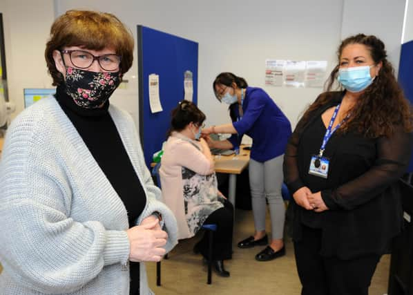 South Tyneside Council Leader Cllr Tracey Dixon visits the Covid-19 Vaccination Hub at Cleadon Park Primary Care Centre, South Shields, with site co-ordinator Michelle Rodgers.