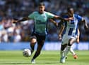 Newcastle United's Brazilian midfielder Bruno Guimaraes (L) vies with Brighton's Ecuadorian midfielder Moises Caicedo (R) during the English Premier League football match between Brighton and Hove Albion and Newcastle United at the American Express Community Stadium in Brighton, southern England on August 13, 2022. (Photo by GLYN KIRK/AFP via Getty Images)