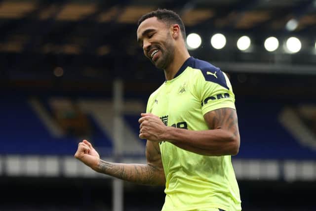 Callum Wilson of Newcastle United celebrates after scoring his team's first goal during the Premier League match between Everton and Newcastle United at Goodison Park on January 30, 2021 in Liverpool, England.