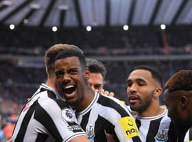 Newcastle United striker Alexander Isak celebrates with team mates after scoring the winning goal during the Premier League match between Newcastle United and Fulham FC at St. James Park on January 15, 2023 in Newcastle upon Tyne, England. (Photo by Stu Forster/Getty Images)