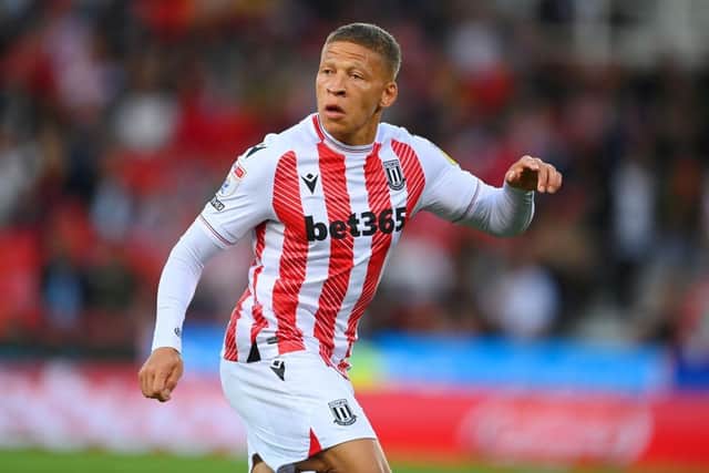 Dwight Gayle of Stoke City in action during the Sky Bet Championship between Stoke City and Middlesbrough at Bet365 Stadium on August 17, 2022 in Stoke on Trent, England. (Photo by Michael Regan/Getty Images)