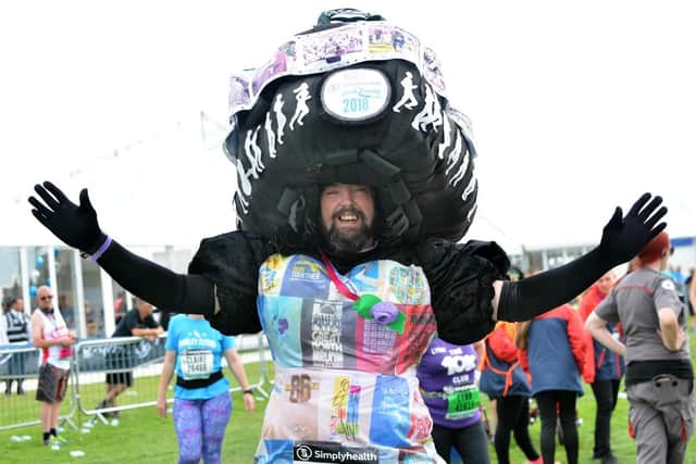 Colin Burgin-Plews, aka the Big Pink Dress, in his latest handcrafted creation after completing the Great North Run 2018. 