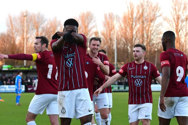 South Shields made it seven wins from nine in the Pitching In Northern Premier League by overcoming Marine in a feisty affair at 1st Cloud Arena on Saturday. Picture by Kev Wilson.