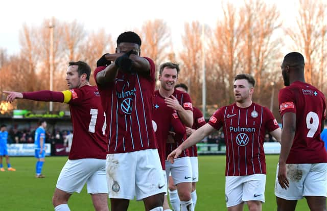 South Shields made it seven wins from nine in the Pitching In Northern Premier League by overcoming Marine in a feisty affair at 1st Cloud Arena on Saturday. Picture by Kev Wilson.