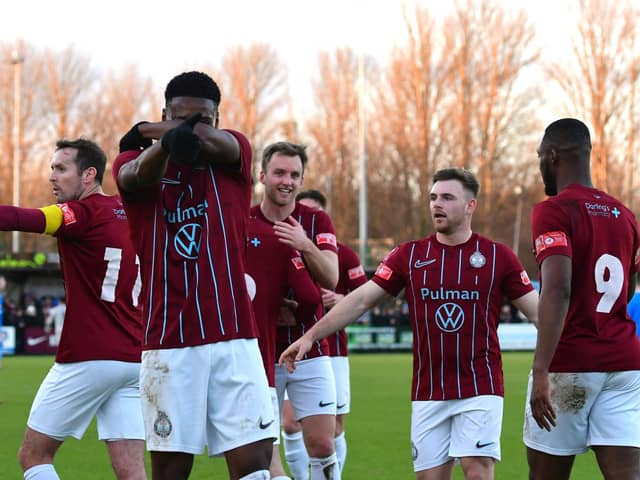 South Shields made it seven wins from nine in the Pitching In Northern Premier League by overcoming Marine in a feisty affair at 1st Cloud Arena on Saturday. Picture by Kev Wilson.