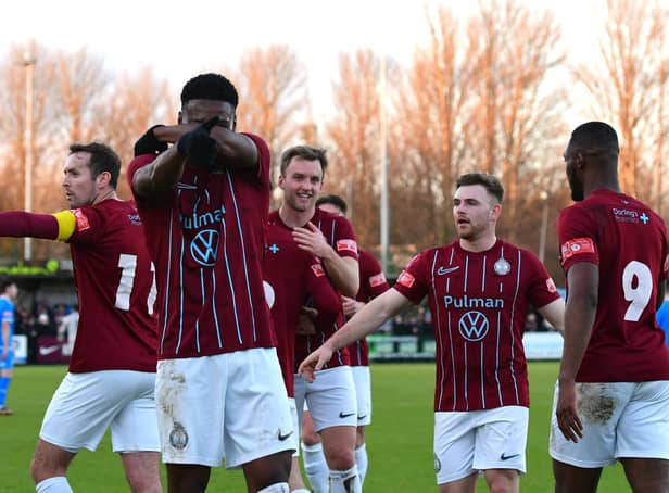 South Shields made it seven wins from nine in the Pitching In Northern Premier League by overcoming Marine in a feisty affair at 1st Cloud Arena on Saturday. Picture by Kev Wilson.