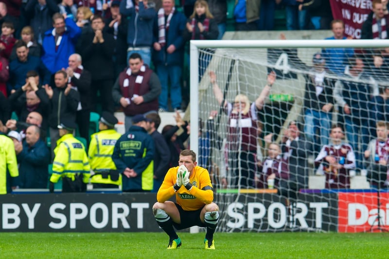 No image better captures the contrast in mood between jubilant Hearts fans who didn’t have much to shout about that season and the realisation from goalkeeper Ben Williams what defeat meant for Hibs.