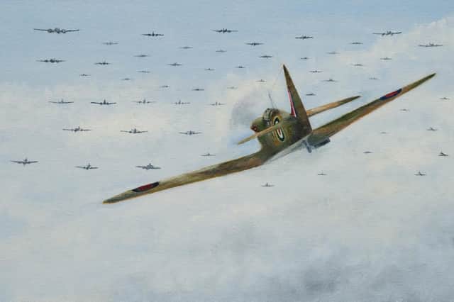Squadron Leader Sir Hugh Dundas of No. 616 (South Yorkshire) Squadron from Leconfield preparing to attack a formation of German Ju 88s.