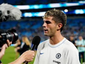 Christian Pulisic of Chelsea speaks to the media after the Pre-Season Friendly match between Chelsea FC and Charlotte FC at Bank of America Stadium on July 20, 2022 in Charlotte, North Carolina. (Photo by Jacob Kupferman/Getty Images)