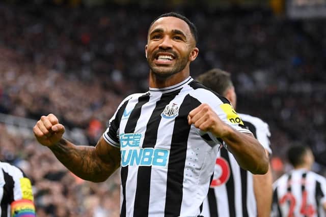 Callum Wilson of Newcastle United celebrates after scoring their side's second goal during the Premier League match between Newcastle United and Aston Villa at St. James Park on October 29, 2022 in Newcastle upon Tyne, England. (Photo by Stu Forster/Getty Images)
