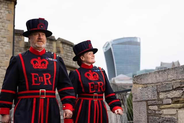 Emma Rousell, from Derby, and Paul Langley, from South Shields, become the newest Yeoman Warders at the Tower of London.