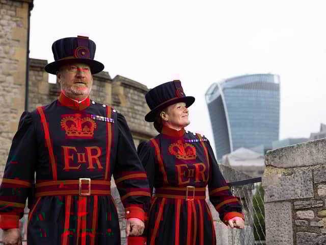 Emma Rousell, from Derby, and Paul Langley, from South Shields, become the newest Yeoman Warders at the Tower of London.