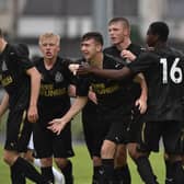 Oisin McEntee (C) of Newcastle United celebrates with team mates after opening the scoring with a header during the Super Cup NI u18 tournament group game between Newcastle United u18's and Komazawa University FC u18's at Scroggy Road on July 26, 2017 in Limavady, Northern Ireland. (Photo by Charles McQuillan/Getty Images)