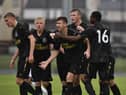 Oisin McEntee (C) of Newcastle United celebrates with team mates after opening the scoring with a header during the Super Cup NI u18 tournament group game between Newcastle United u18's and Komazawa University FC u18's at Scroggy Road on July 26, 2017 in Limavady, Northern Ireland. (Photo by Charles McQuillan/Getty Images)