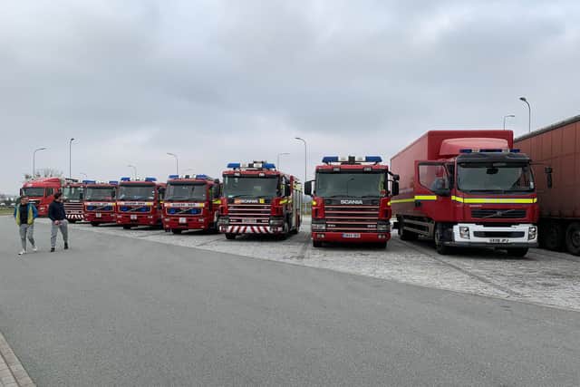 Fire engines destined for Ukraine following a drive by the National Fire Chiefs Council.