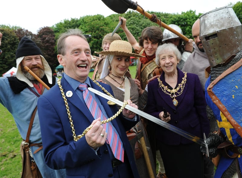 Jarrow Festival's Medieval Fayre held at Drewetts Park 6 years ago and the Mayor Coun Alan Smith and Mayoress Coun Moira Smith were surrounded by re-enactors.