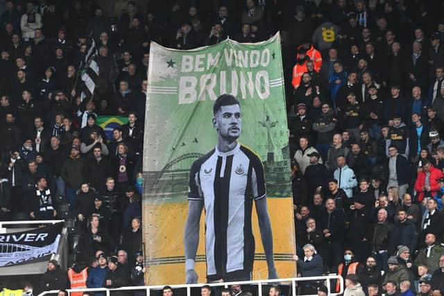 A flag welcomes Bruno Guimaraes to Newcastle United.