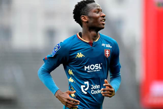 Metz's Senegalese midfielder Pape Matar Sarr celebrates after scoring during the French L1 football match between Brest and Metz at the Francis Le Ble stadium on January 31, 2021 in Brest, Western France. (Photo by Fred TANNEAU / AFP) (Photo by FRED TANNEAU/AFP via Getty Images)