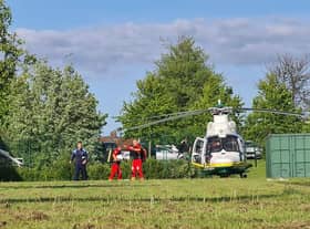 The Great North Air Ambulance landed at Harton Academy to assist with a 'medical incident'. Photo: Alan Hall.
