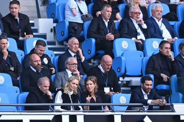 Newcastle co-owner Amanda Staveley (front row 2nd r) chats as former manager Kevin Keegan (top right) and former runner Brendan Foster next to him look on during the Premier League match between Manchester City and Newcastle United at Etihad Stadium on May 08, 2022 in Manchester, England. (Photo by Stu Forster/Getty Images)