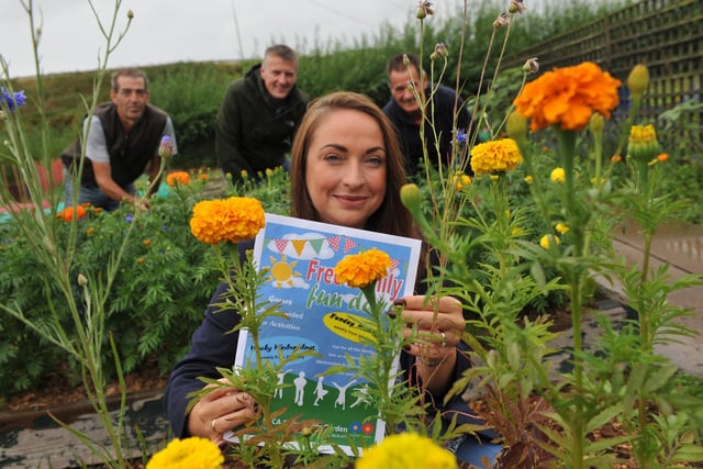 Jo Benham Brown, with Lionel Dodds, Keith Hardy and Dave Johnson at the NECA Community Garden, Brockley Avenue Allotments in 2018.