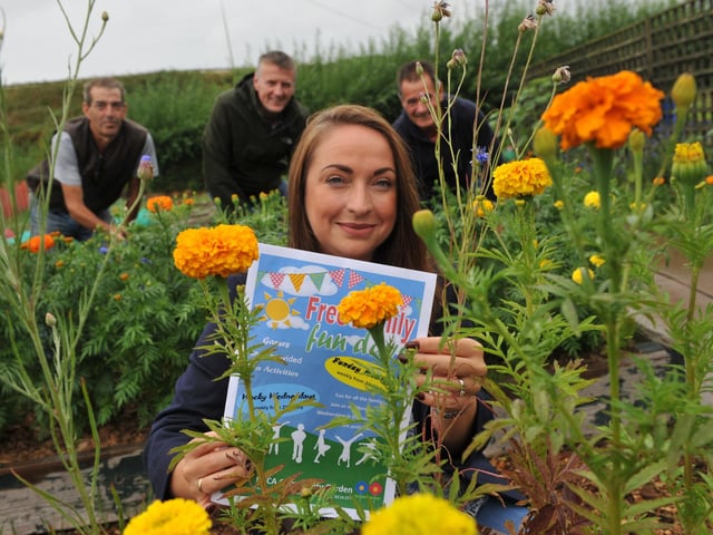 Jo Benham Brown, with Lionel Dodds, Keith Hardy and Dave Johnson at the NECA Community Garden, Brockley Avenue Allotments in 2018.
