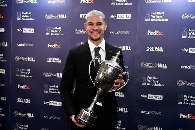 Bruno Guimaraes with the FWA North East Footballer of the Year 2022 Award (photo provided by Sir Bobby Robson Foundation).
