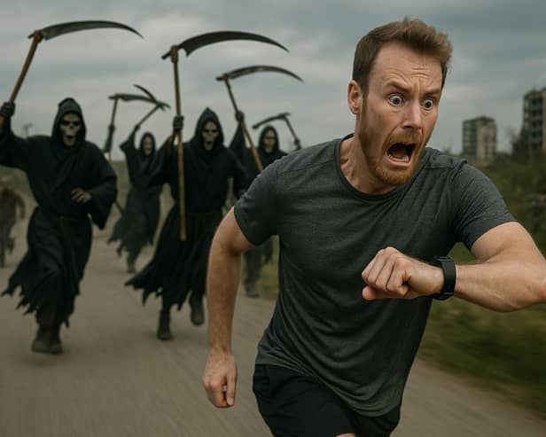 FitBit says 'run fast or die.'    Image courtesy of AI graphic generator.
