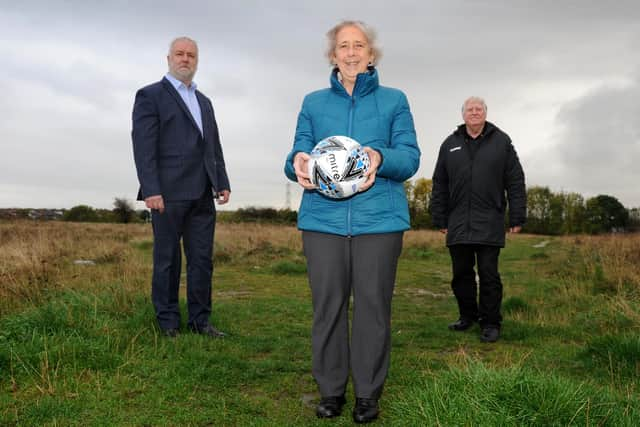 Cllr Moira Smith with Perth Green CA trustee Kevin Mullen, and Cllr Stephen Dean, on land that will be cleared to make way for a new 3G  pitch.