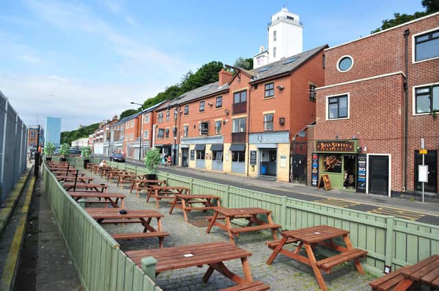 The outdoor seating area of The Quay Taphouse and Dodgins Yard on North Shields Fish Quay.