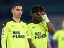 Miguel Almiron and Allan Saint-Maximin of Newcastle look on during the Premier League match between Leicester City and Newcastle United at The King Power Stadium on May 07, 2021 in Leicester, England.
