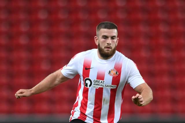 SUNDERLAND, ENGLAND - OCTOBER 13: Sunderland player  Patrick Almond in action during the Papa John's Trophy between Sunderland and Manchester United U21 at Stadium of Light on October 13, 2021 in Sunderland, England. (Photo by Stu Forster/Getty Images)