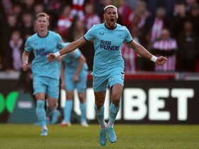 Joelinton celebrates Newcastle United's first goal.