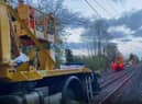 A still from a video shared by the Tyne and Wear Metro as its engineers repaired overhead lines brought down by severe weather.