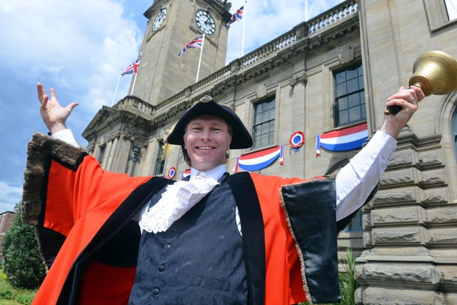 The traditional town crier outside South Shields Town Hall, proclaiming the beacon lighting celebrating Her Majesty the Queen.